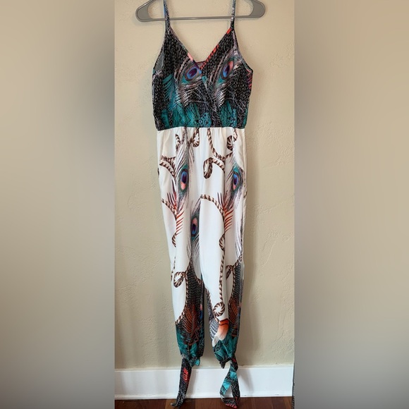 Peacock Print Jumpsuit Deep V-neck Sleeveless Spaghetti Strap Split Side Leg M - Picture 4 of 12